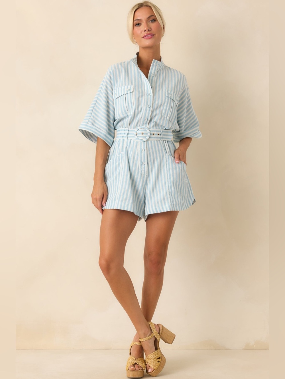 NWT Prosperina Chloe Blue Aqua Stripe Belted Romper Medium Coastal Summer